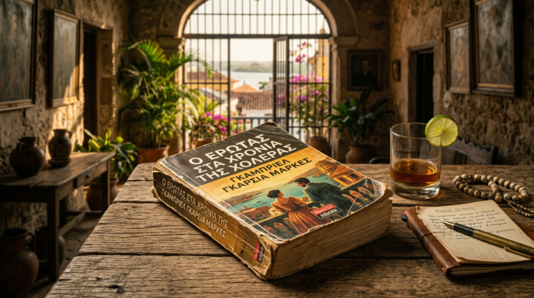 Greek edition of Love in the Time of Cholera beside a drink and notes